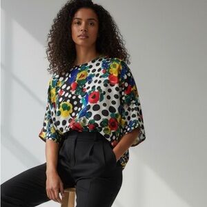 100% Silk Top Blouse Floral Polka Dot Bright‎ VTG 80s Funky Whimsy Large Medium